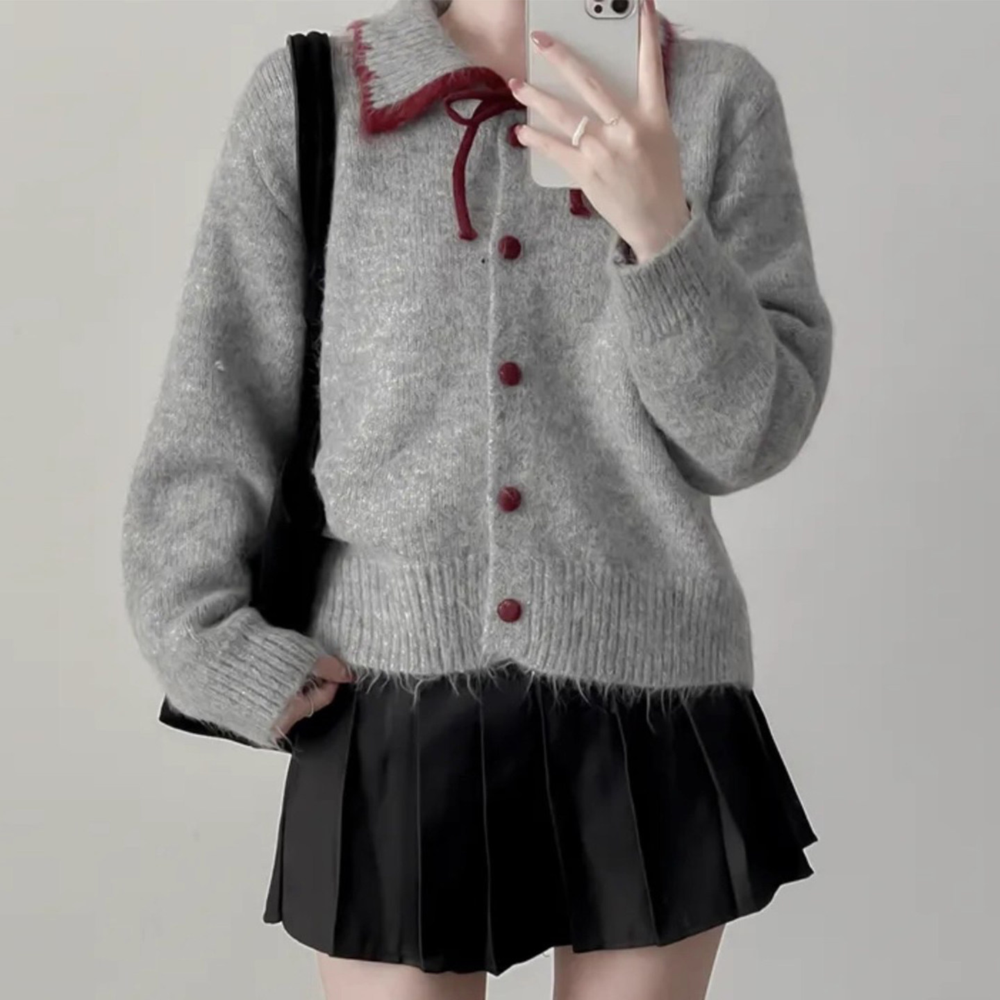 甜美减龄系带蝴蝶结针织开衫外套女2025冬季新款撞色百搭软糯毛衣,淘宝优惠券,粉丝福利购,淘宝优惠卷