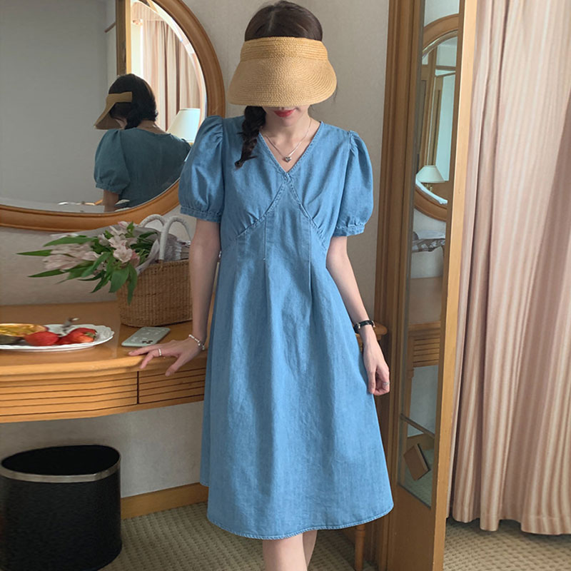 韩国chic夏季小众优雅V领拼接褶皱收腰显瘦泡泡袖A字连衣裙短裙女 - 图3