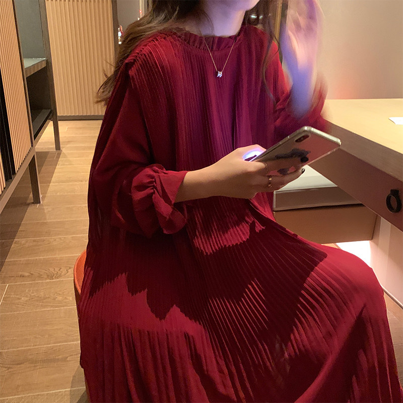 韩国chic春季新款法式复古木耳边立领宽松长款喇叭袖百褶连衣裙女