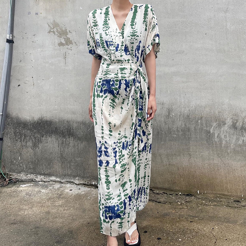 韩国chic夏季法式复古V领花色印花一片式系带收腰显瘦短袖连衣裙,淘宝优惠券,粉丝福利购,淘宝优惠卷