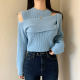 Chic round neck off-shoulder irregular rib knitted sweater