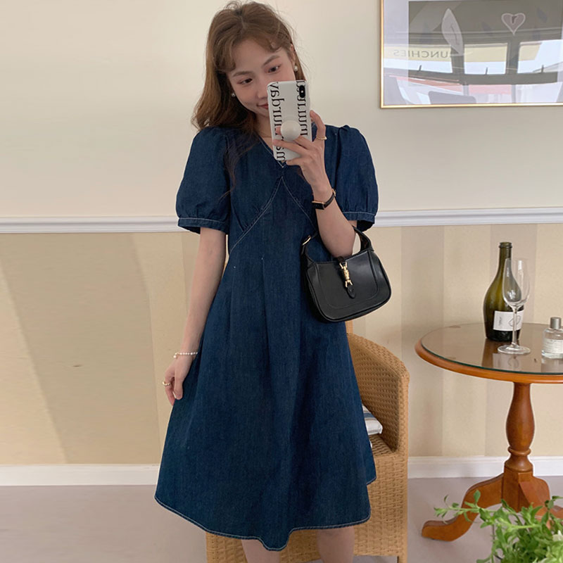 韩国chic夏季小众优雅V领拼接褶皱收腰显瘦泡泡袖A字连衣裙短裙女 - 图2