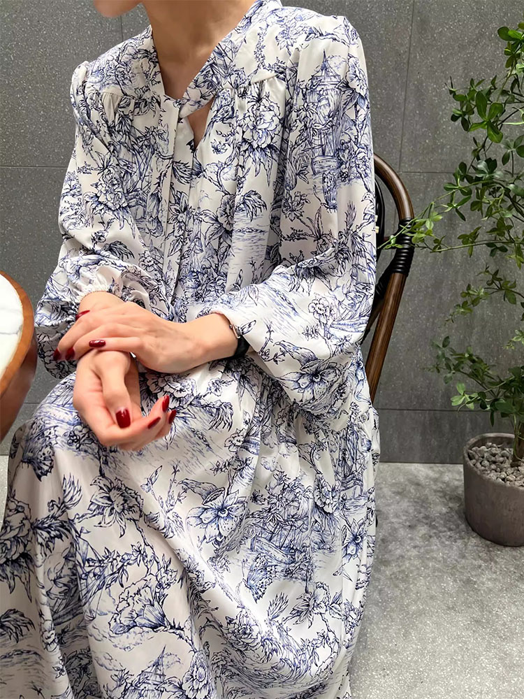 韩国chic春季法式复古水墨碎花系带收腰长款泡泡袖雪纺连衣裙女 - 图3