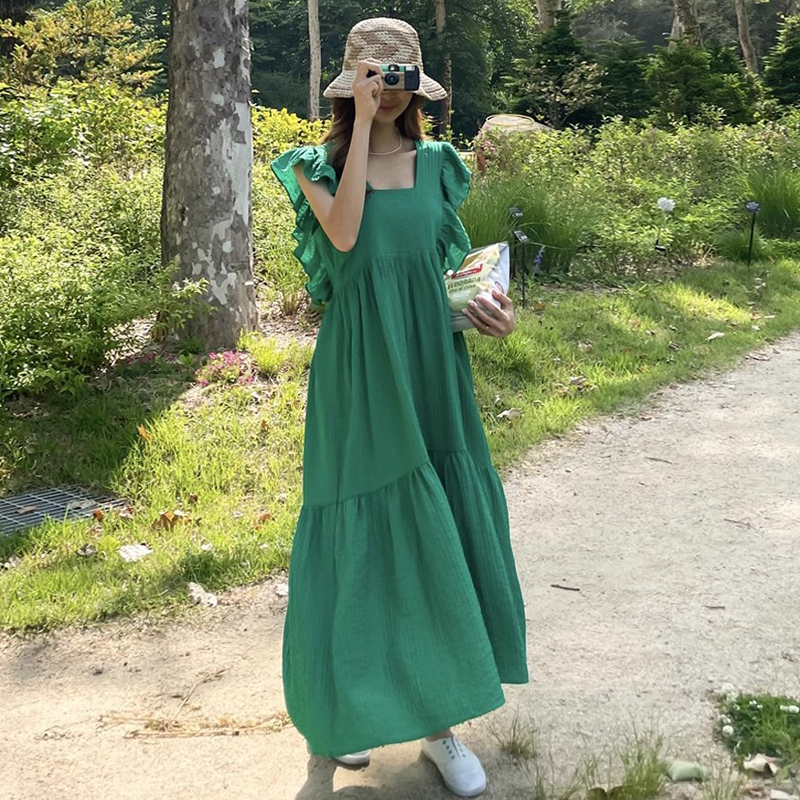 复古小众黑色连衣裙女装夏季新款轻熟风宽松休闲飞飞袖纯色长裙子 - 图2