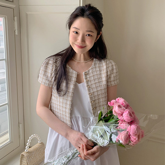 Korean chic summer style age-reducing plaid small fragrance chic top temperament tweed short coat for women