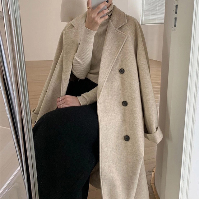 Chic suit collar double breasted long woolen coat for women