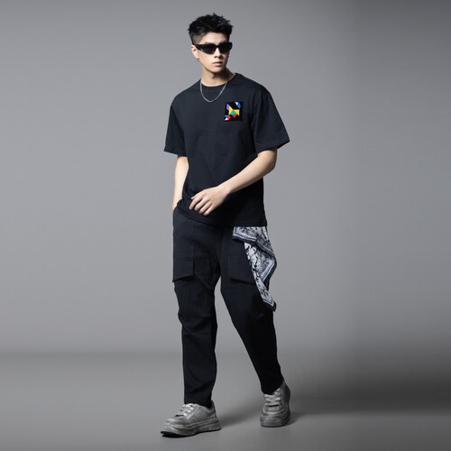 PINLI品立夏季新款男士贴布绣花落肩圆领短袖T恤BG252111046 - 图3