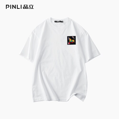 PINLI品立夏季新款男士贴布绣花落肩圆领短袖T恤BG252111046 - 图2