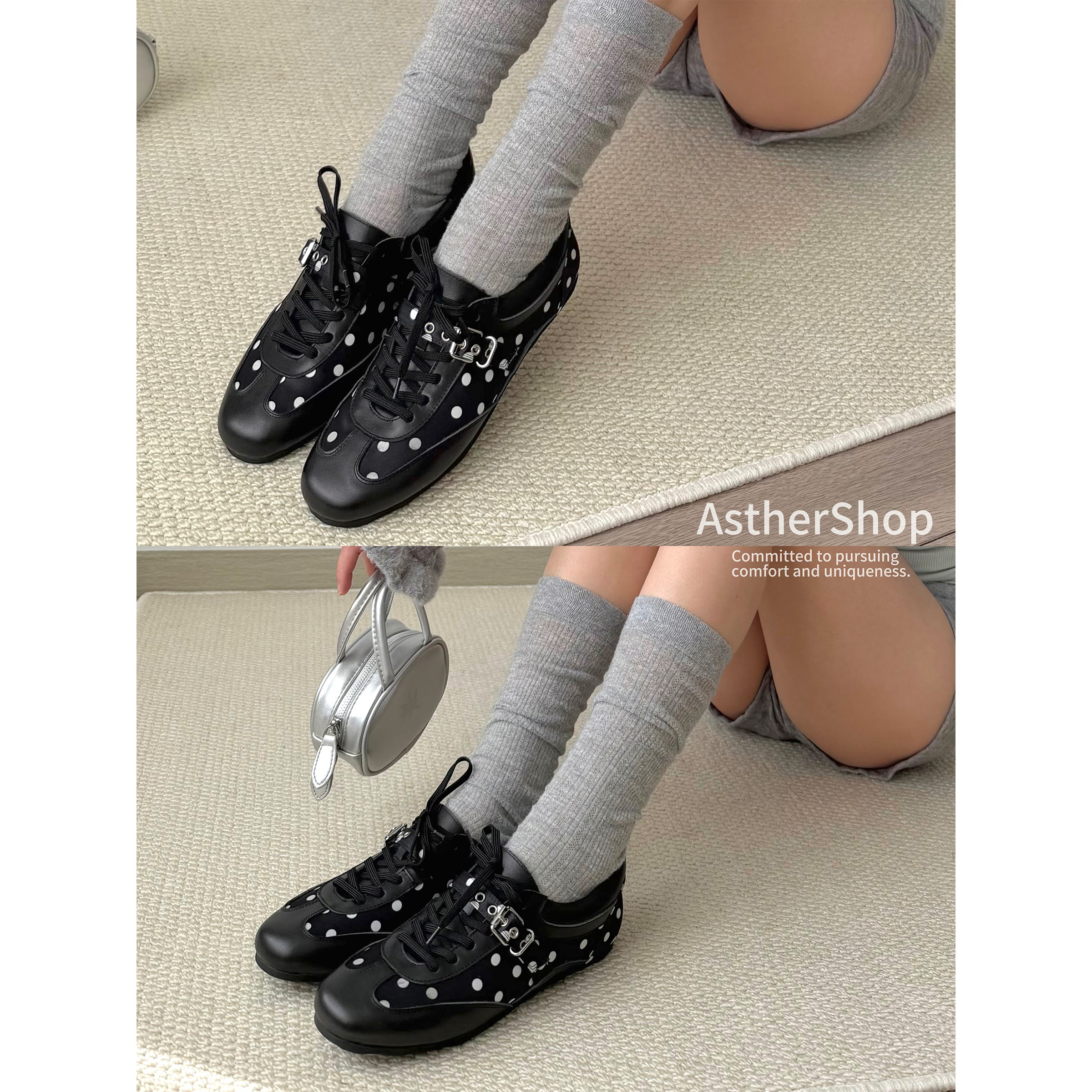 Asthershop原创 波点装饰德训鞋 圆头平底真皮单鞋舒适简约皮鞋女,淘宝优惠券,粉丝福利购,淘宝优惠卷