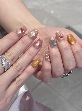 NailArt冰梨猫眼穿戴甲高级显白短方ins纯欲风氛围感学生美甲贴片