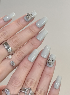 NailArt海盐灰穿戴甲高级显白短中方ins纯欲风氛围感学生美甲贴片