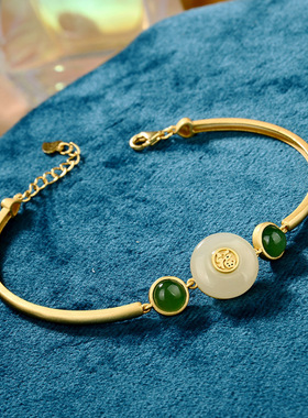 s925宫廷手环天然和田玉平安扣