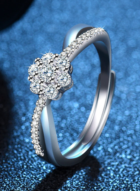 戒指开口调节女婚戒新款创意指环群镶钻戒求婚精美莫桑石花朵配饰