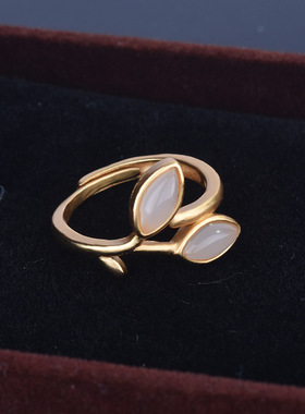 日韩新款古法银传承老金工艺镶嵌仿和田玉戒指镀黄金开口白玉指环