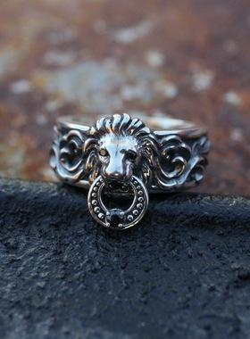 福美祥 复古justin davis雄狮泰银戒指 潮流个性款咬环狮子王指环