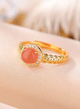 泰银民族风南红圆珠镶嵌锆石如意简约复古国潮可调节戒指女