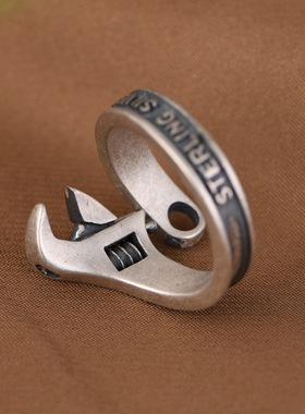 泰银戒指复古做旧潮人设计机车男扳手板子开口指环戒子个性男