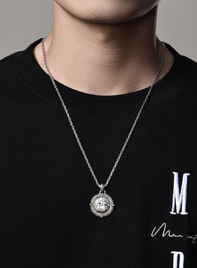 泰银翻转萌猫猛虎双面圆牌项链男士潮女高级感吊坠原创设计