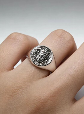 泰银复古佛面戒指小众藏式佛像浮雕指环可调节中性风食指戒