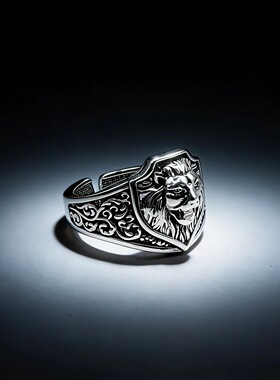 泰银复古做旧狮子盾牌戒指立体浮雕王者风范霸气男士开口指环