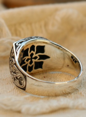 泰银四叶草做旧印章戒指复古做旧潮男个性百搭开口可调节指环