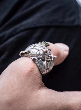 立体锦鲤戒指纯银男士中古重工大拇指感复古款食指可调节