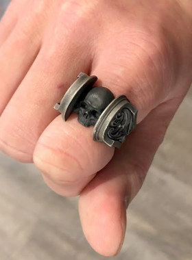 泰银日本暗系古典狂潮超级瘟疫雕花骷髅潮男复古旧化开口戒指