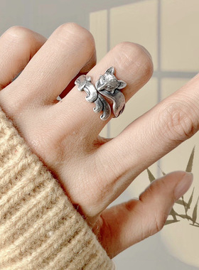 古风泰银复古狐狸戒指女古法立体梅花九尾狐男潮个性百搭开口戒指