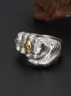 复古骷髅头笑脸开口戒指男霸气夸张个性拳头哥特风朋克嘻哈指环