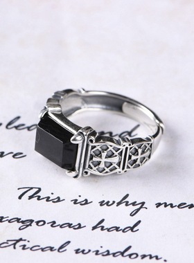 纯银戒指S925银复古黑玛瑙可调节银饰指环泰银手饰时尚潮人男女