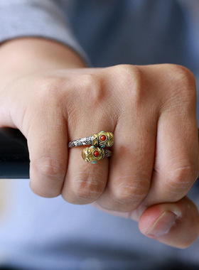 高档精致祥云金箍棒戒指泰银男士复古女款个性民族风镶嵌松石南红