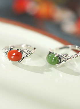 复古百搭南红和田玉碧玉竹叶戒指女泰银轻奢小众高级感食指戒