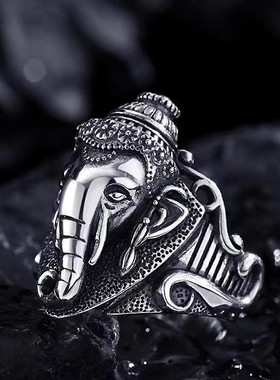复古做旧工艺大象象神戒指男个性潮流泰银小众设计感创意食指指环