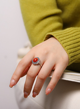 泰银古风手饰复古饰品南红石戒指男女百搭镂空花纹开口指环