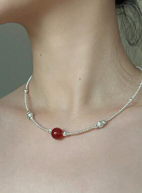 JINWAN 旖旎系列 红玛瑙单珠S925纹理锁骨链