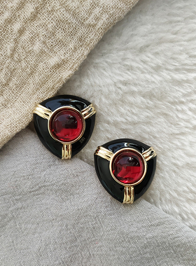 vintage自制中古风耳饰异域风情银针黑色滴油红宝石耳钉耳夹B201