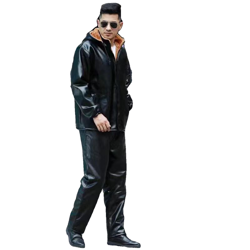 皮衣外套男冬季加绒加厚防水连帽中老年干活穿大码皮衣皮裤套装男 - 图3