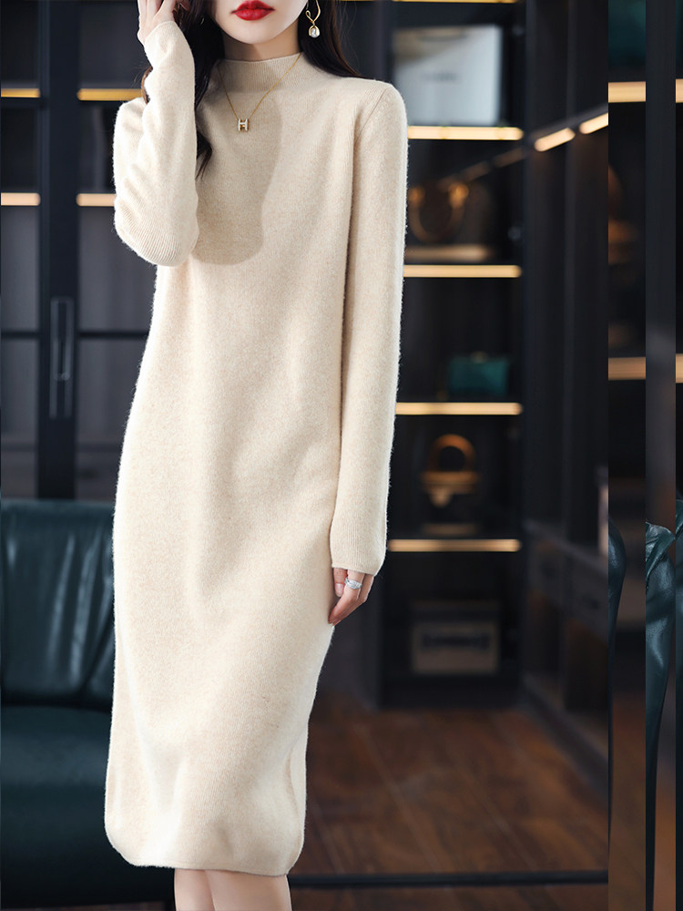 专柜半高领羊毛针织连衣裙女秋冬长款过膝毛衣裙直筒保暖内搭长袖