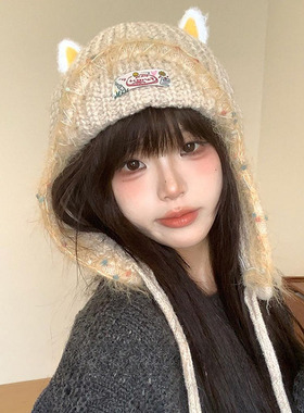 女冬季可爱猫耳朵针织防寒护耳帽