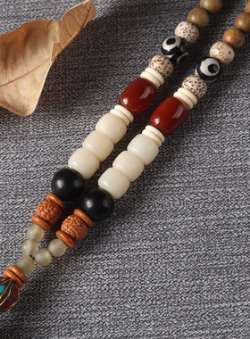 天然绿檀木佛珠菩提子项链藏式复古九眼天珠吊坠原创民族风毛衣链