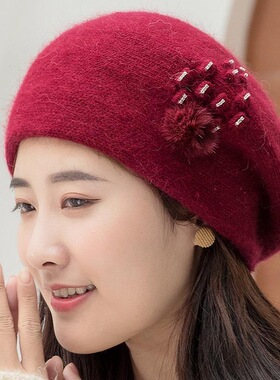 贝雷帽毛线帽女双层加厚百搭秋冬