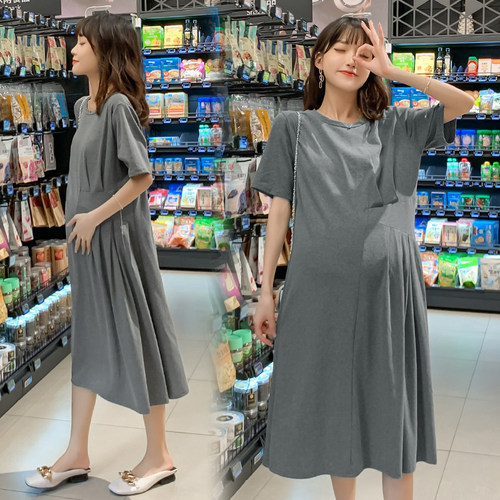 大码孕妇夏季薄款莫代尔连衣裙中长款宽松遮肚短袖T恤裙200-300斤 - 图0