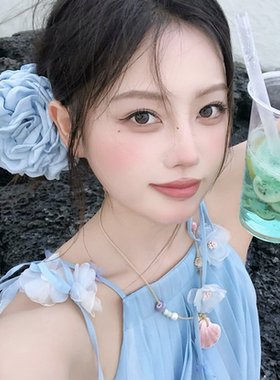 度假风~蓝色玫瑰花抓夹花朵头花发夹大号鲨鱼夹旅游海边拍照发饰