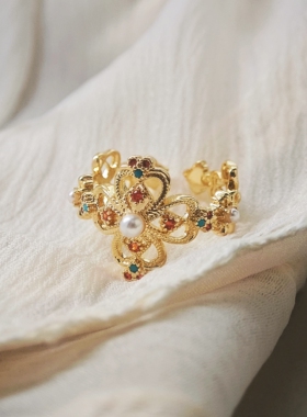 轻奢复古宫廷风彩钻珍珠滴油戒指女重工气质独特时尚潮流指环戒子