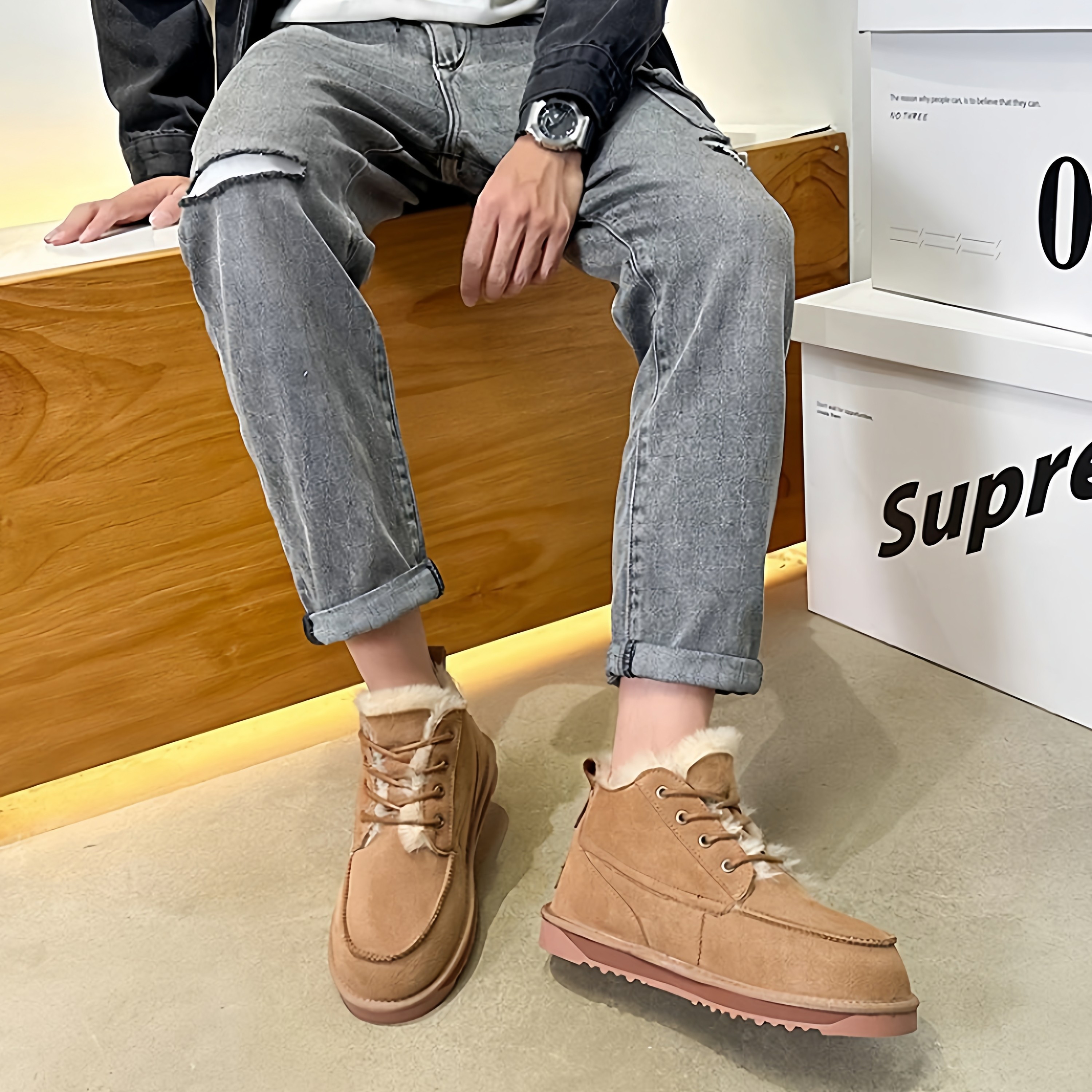 澳洲绑带羊皮毛一体男士雪地靴冬季加厚抗寒棉鞋东北雪地靴,淘宝优惠券,粉丝福利购,淘宝优惠卷