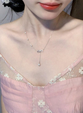 蝴蝶结珍珠吊坠项链新款轻奢小众