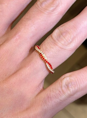 红白闪钻交叉极细金色戒指高级感