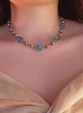 海蓝宝猫眼石串珠项链小众高级感