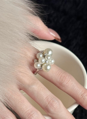 超仙锆石花珍珠簇开口戒指女轻奢