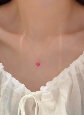 简约红色爱心锆石吊坠项链女小众